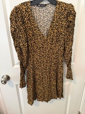 Zara Black Mini Dress with Mustard Floral Print